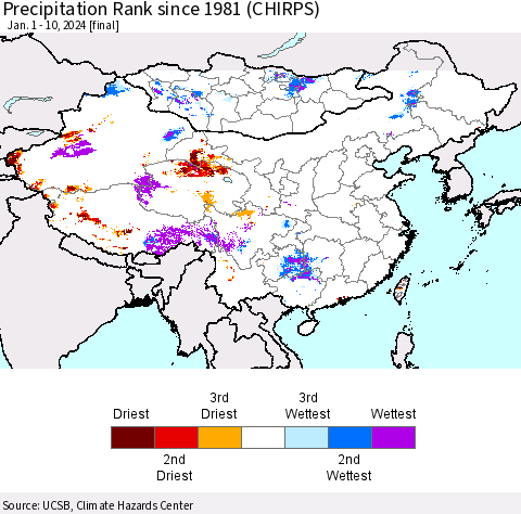 China, Mongolia and Taiwan Precipitation Rank since 1981 (CHIRPS) Thematic Map For 1/1/2024 - 1/10/2024