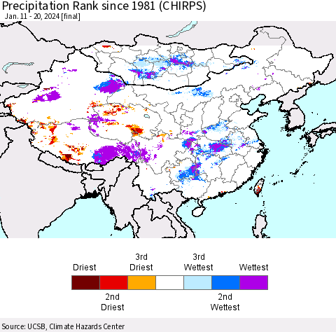 China, Mongolia and Taiwan Precipitation Rank since 1981 (CHIRPS) Thematic Map For 1/11/2024 - 1/20/2024