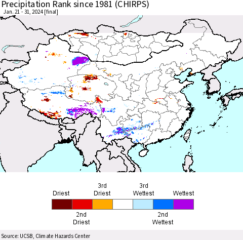 China, Mongolia and Taiwan Precipitation Rank since 1981 (CHIRPS) Thematic Map For 1/21/2024 - 1/31/2024