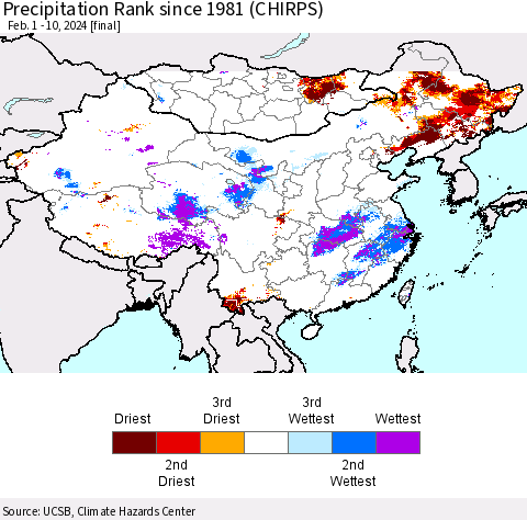 China, Mongolia and Taiwan Precipitation Rank since 1981 (CHIRPS) Thematic Map For 2/1/2024 - 2/10/2024