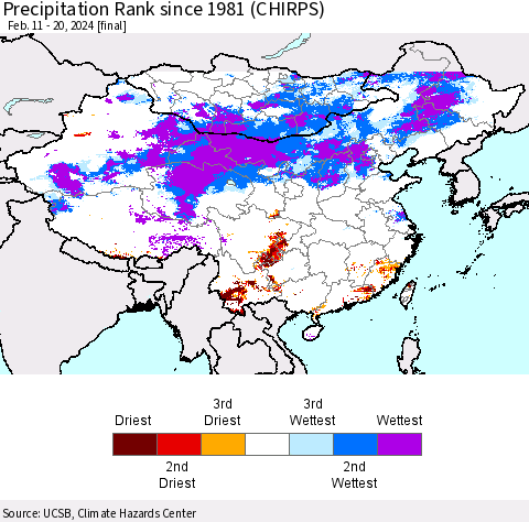 China, Mongolia and Taiwan Precipitation Rank since 1981 (CHIRPS) Thematic Map For 2/11/2024 - 2/20/2024