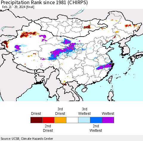 China, Mongolia and Taiwan Precipitation Rank since 1981 (CHIRPS) Thematic Map For 2/21/2024 - 2/29/2024