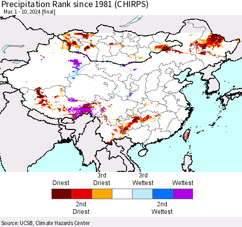 China, Mongolia and Taiwan Precipitation Rank since 1981 (CHIRPS) Thematic Map For 3/1/2024 - 3/10/2024