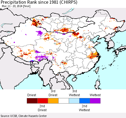China, Mongolia and Taiwan Precipitation Rank since 1981 (CHIRPS) Thematic Map For 3/11/2024 - 3/20/2024