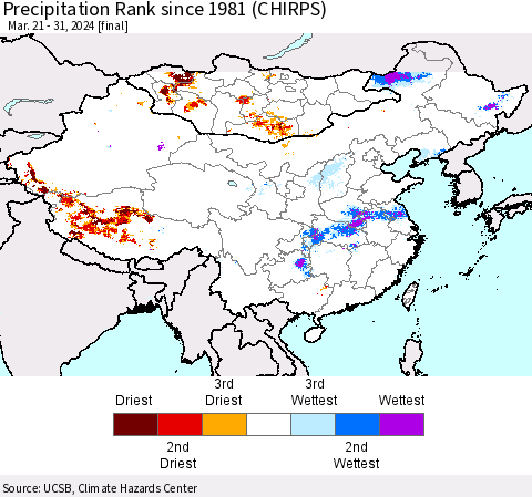China, Mongolia and Taiwan Precipitation Rank since 1981 (CHIRPS) Thematic Map For 3/21/2024 - 3/31/2024