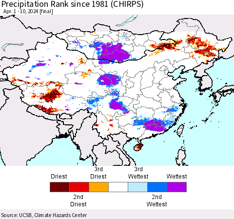 China, Mongolia and Taiwan Precipitation Rank since 1981 (CHIRPS) Thematic Map For 4/1/2024 - 4/10/2024