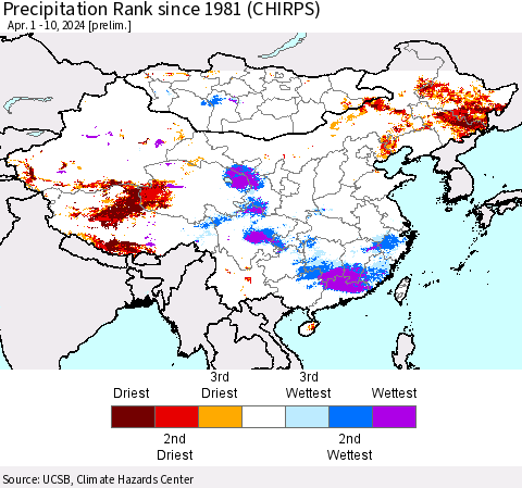 China, Mongolia and Taiwan Precipitation Rank since 1981 (CHIRPS) Thematic Map For 4/1/2024 - 4/10/2024