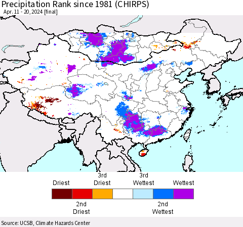 China, Mongolia and Taiwan Precipitation Rank since 1981 (CHIRPS) Thematic Map For 4/11/2024 - 4/20/2024