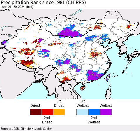 China, Mongolia and Taiwan Precipitation Rank since 1981 (CHIRPS) Thematic Map For 4/21/2024 - 4/30/2024