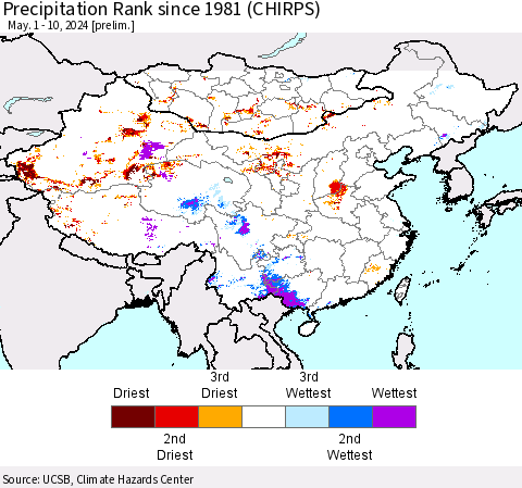 China, Mongolia and Taiwan Precipitation Rank since 1981 (CHIRPS) Thematic Map For 5/1/2024 - 5/10/2024