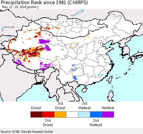 China, Mongolia and Taiwan Precipitation Rank since 1981 (CHIRPS) Thematic Map For 5/11/2024 - 5/20/2024