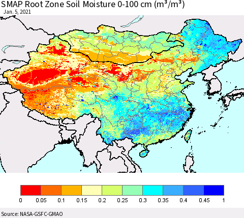 China, Mongolia and Taiwan SMAP Root Zone (0-100 cm) Soil Moisture (m³/m³) Thematic Map For 1/1/2021 - 1/5/2021