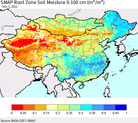 China, Mongolia and Taiwan SMAP Root Zone (0-100 cm) Soil Moisture (m³/m³) Thematic Map For 2/1/2021 - 2/5/2021