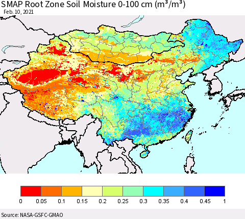 China, Mongolia and Taiwan SMAP Root Zone (0-100 cm) Soil Moisture (m³/m³) Thematic Map For 2/6/2021 - 2/10/2021