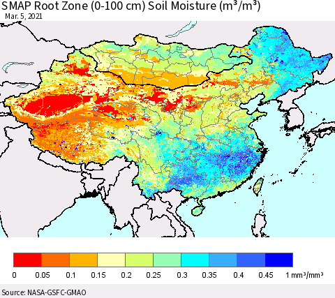 China, Mongolia and Taiwan SMAP Root Zone (0-100 cm) Soil Moisture (m³/m³) Thematic Map For 3/1/2021 - 3/5/2021