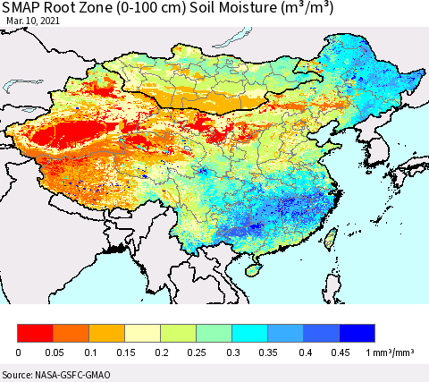 China, Mongolia and Taiwan SMAP Root Zone (0-100 cm) Soil Moisture (m³/m³) Thematic Map For 3/6/2021 - 3/10/2021
