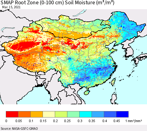 China, Mongolia and Taiwan SMAP Root Zone (0-100 cm) Soil Moisture (m³/m³) Thematic Map For 3/11/2021 - 3/15/2021