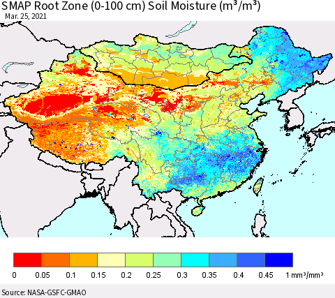 China, Mongolia and Taiwan SMAP Root Zone (0-100 cm) Soil Moisture (m³/m³) Thematic Map For 3/21/2021 - 3/25/2021