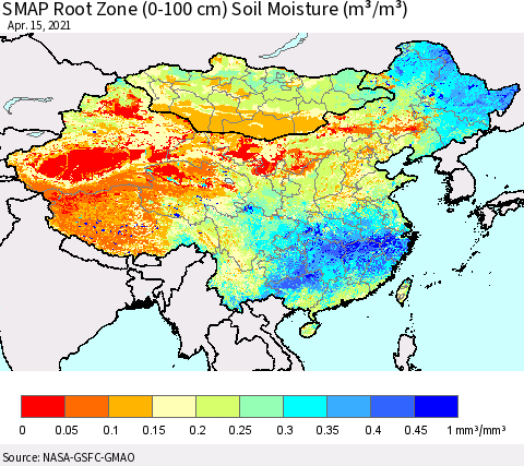 China, Mongolia and Taiwan SMAP Root Zone (0-100 cm) Soil Moisture (m³/m³) Thematic Map For 4/11/2021 - 4/15/2021