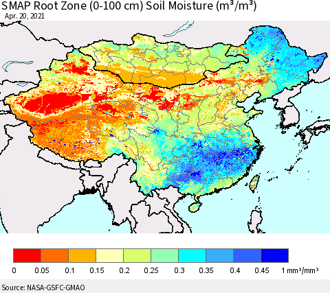 China, Mongolia and Taiwan SMAP Root Zone (0-100 cm) Soil Moisture (m³/m³) Thematic Map For 4/16/2021 - 4/20/2021