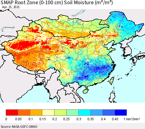 China, Mongolia and Taiwan SMAP Root Zone (0-100 cm) Soil Moisture (m³/m³) Thematic Map For 4/21/2021 - 4/25/2021