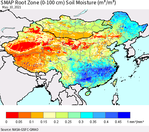 China, Mongolia and Taiwan SMAP Root Zone (0-100 cm) Soil Moisture (m³/m³) Thematic Map For 5/6/2021 - 5/10/2021