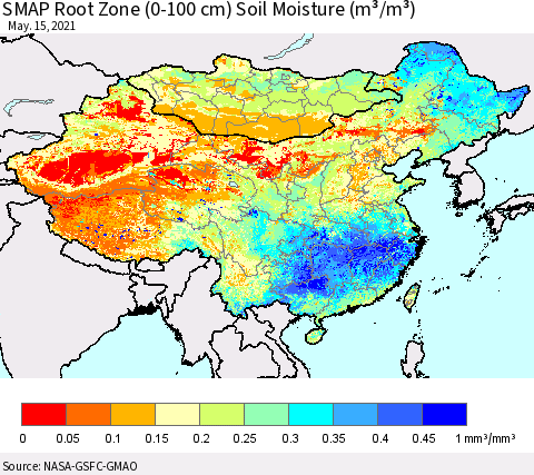 China, Mongolia and Taiwan SMAP Root Zone (0-100 cm) Soil Moisture (m³/m³) Thematic Map For 5/11/2021 - 5/15/2021