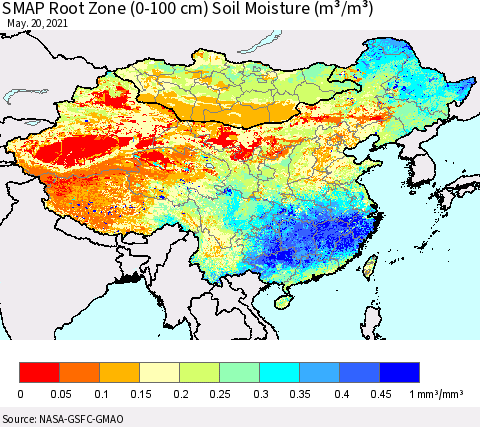 China, Mongolia and Taiwan SMAP Root Zone (0-100 cm) Soil Moisture (m³/m³) Thematic Map For 5/16/2021 - 5/20/2021