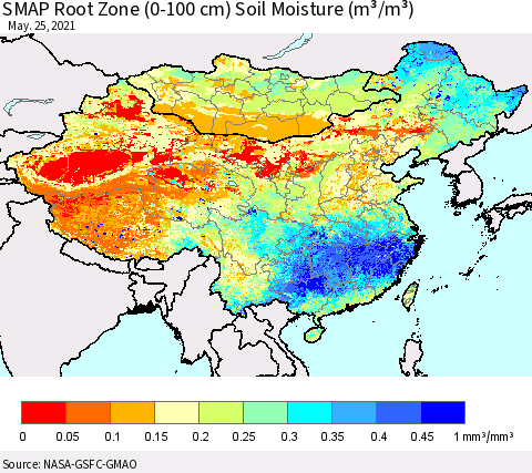 China, Mongolia and Taiwan SMAP Root Zone (0-100 cm) Soil Moisture (m³/m³) Thematic Map For 5/21/2021 - 5/25/2021