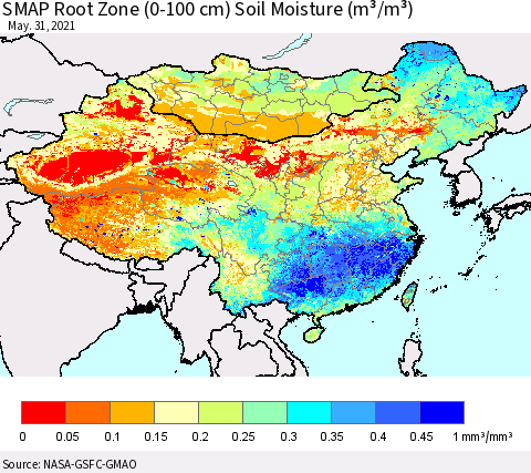 China, Mongolia and Taiwan SMAP Root Zone (0-100 cm) Soil Moisture (m³/m³) Thematic Map For 5/26/2021 - 5/31/2021