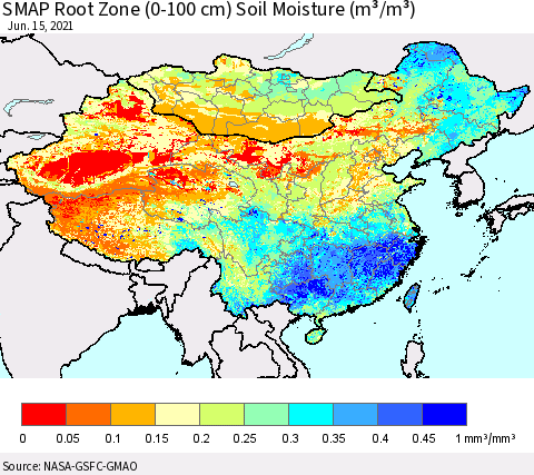 China, Mongolia and Taiwan SMAP Root Zone (0-100 cm) Soil Moisture (m³/m³) Thematic Map For 6/11/2021 - 6/15/2021