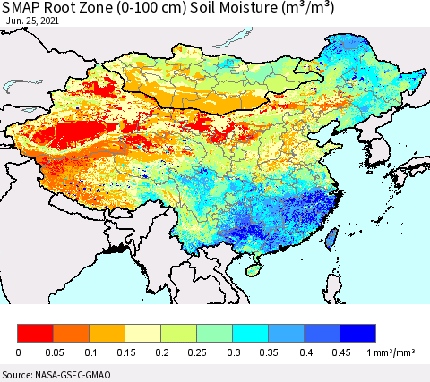 China, Mongolia and Taiwan SMAP Root Zone (0-100 cm) Soil Moisture (m³/m³) Thematic Map For 6/21/2021 - 6/25/2021