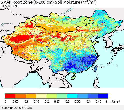 China, Mongolia and Taiwan SMAP Root Zone (0-100 cm) Soil Moisture (m³/m³) Thematic Map For 6/26/2021 - 6/30/2021
