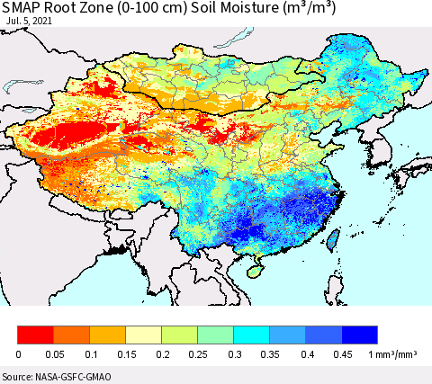 China, Mongolia and Taiwan SMAP Root Zone (0-100 cm) Soil Moisture (m³/m³) Thematic Map For 7/1/2021 - 7/5/2021