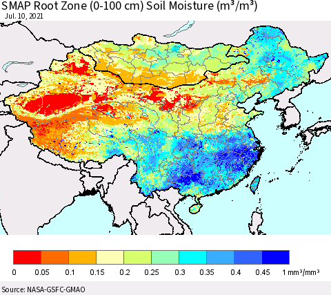 China, Mongolia and Taiwan SMAP Root Zone (0-100 cm) Soil Moisture (m³/m³) Thematic Map For 7/6/2021 - 7/10/2021