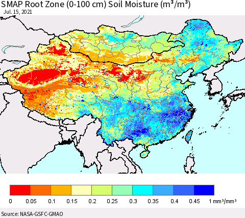 China, Mongolia and Taiwan SMAP Root Zone (0-100 cm) Soil Moisture (m³/m³) Thematic Map For 7/11/2021 - 7/15/2021