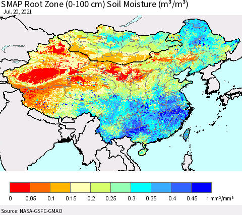China, Mongolia and Taiwan SMAP Root Zone (0-100 cm) Soil Moisture (m³/m³) Thematic Map For 7/16/2021 - 7/20/2021