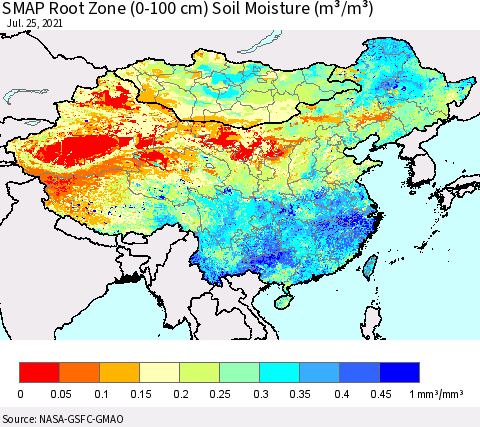 China, Mongolia and Taiwan SMAP Root Zone (0-100 cm) Soil Moisture (m³/m³) Thematic Map For 7/21/2021 - 7/25/2021