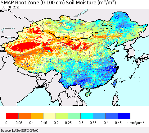 China, Mongolia and Taiwan SMAP Root Zone (0-100 cm) Soil Moisture (m³/m³) Thematic Map For 7/26/2021 - 7/31/2021