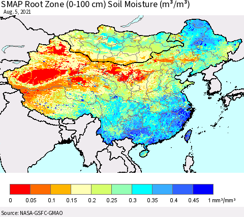 China, Mongolia and Taiwan SMAP Root Zone (0-100 cm) Soil Moisture (m³/m³) Thematic Map For 8/1/2021 - 8/5/2021