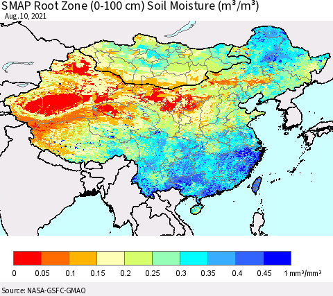 China, Mongolia and Taiwan SMAP Root Zone (0-100 cm) Soil Moisture (m³/m³) Thematic Map For 8/6/2021 - 8/10/2021