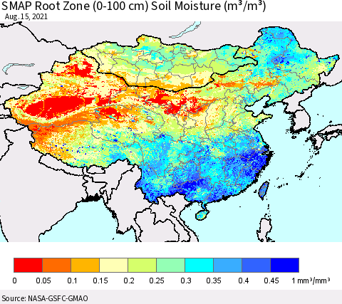 China, Mongolia and Taiwan SMAP Root Zone (0-100 cm) Soil Moisture (m³/m³) Thematic Map For 8/11/2021 - 8/15/2021