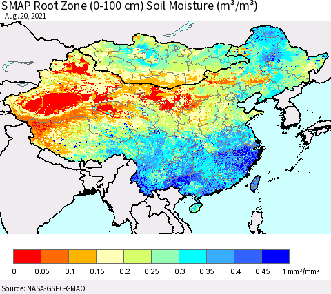 China, Mongolia and Taiwan SMAP Root Zone (0-100 cm) Soil Moisture (m³/m³) Thematic Map For 8/16/2021 - 8/20/2021