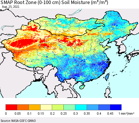 China, Mongolia and Taiwan SMAP Root Zone (0-100 cm) Soil Moisture (m³/m³) Thematic Map For 8/21/2021 - 8/25/2021