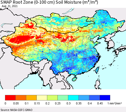 China, Mongolia and Taiwan SMAP Root Zone (0-100 cm) Soil Moisture (m³/m³) Thematic Map For 8/26/2021 - 8/31/2021