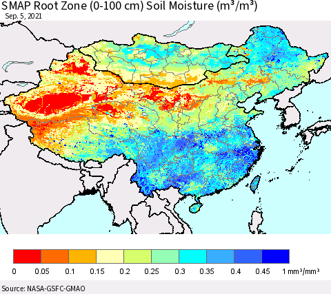 China, Mongolia and Taiwan SMAP Root Zone (0-100 cm) Soil Moisture (m³/m³) Thematic Map For 9/1/2021 - 9/5/2021