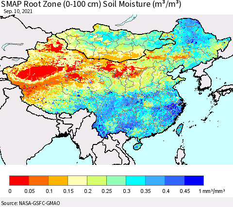 China, Mongolia and Taiwan SMAP Root Zone (0-100 cm) Soil Moisture (m³/m³) Thematic Map For 9/6/2021 - 9/10/2021