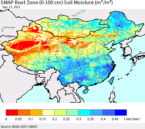 China, Mongolia and Taiwan SMAP Root Zone (0-100 cm) Soil Moisture (m³/m³) Thematic Map For 9/11/2021 - 9/15/2021
