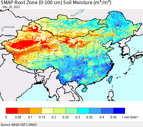 China, Mongolia and Taiwan SMAP Root Zone (0-100 cm) Soil Moisture (m³/m³) Thematic Map For 9/16/2021 - 9/20/2021
