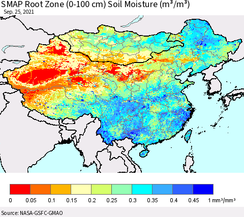 China, Mongolia and Taiwan SMAP Root Zone (0-100 cm) Soil Moisture (m³/m³) Thematic Map For 9/21/2021 - 9/25/2021